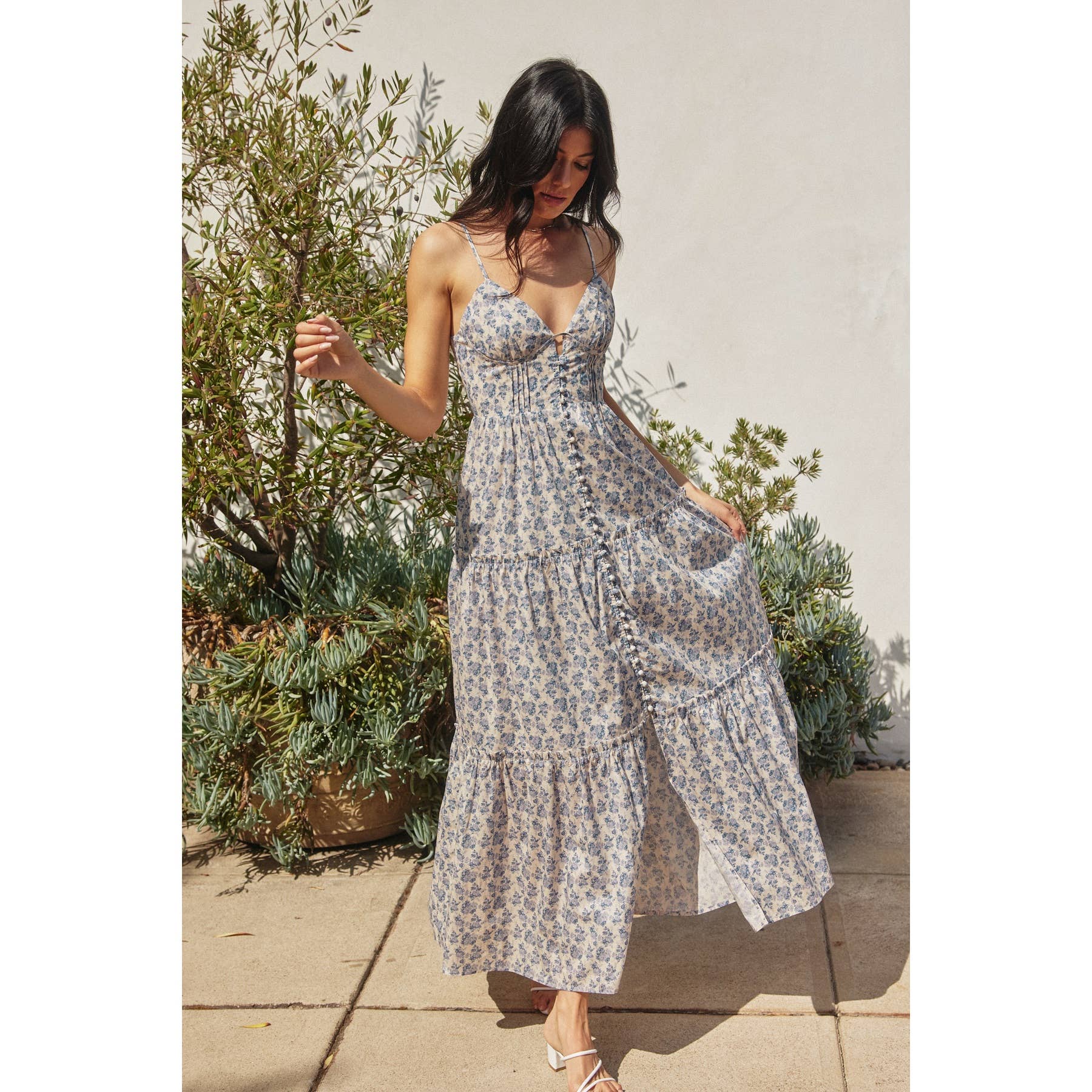 Blue Flowers Bustier Tiered Maxi Dress | Organic Cotton Clarity Blue Flowers Bustier Tiered Maxi Dress | Organic Cotton Clarity
